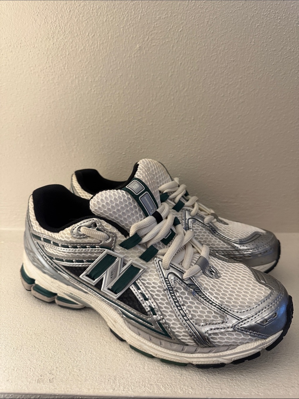 New Balance White and Silver Athletic Sneakers with Teal Accents